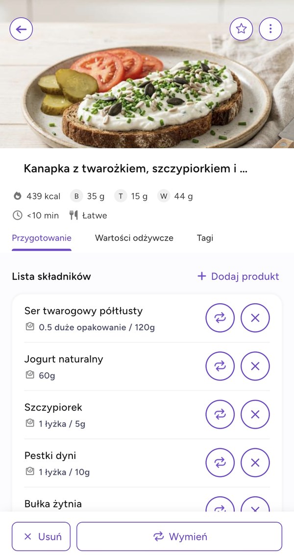 Ekran aplikacji: przepis na kanapkę z twarożkiem z listą składników